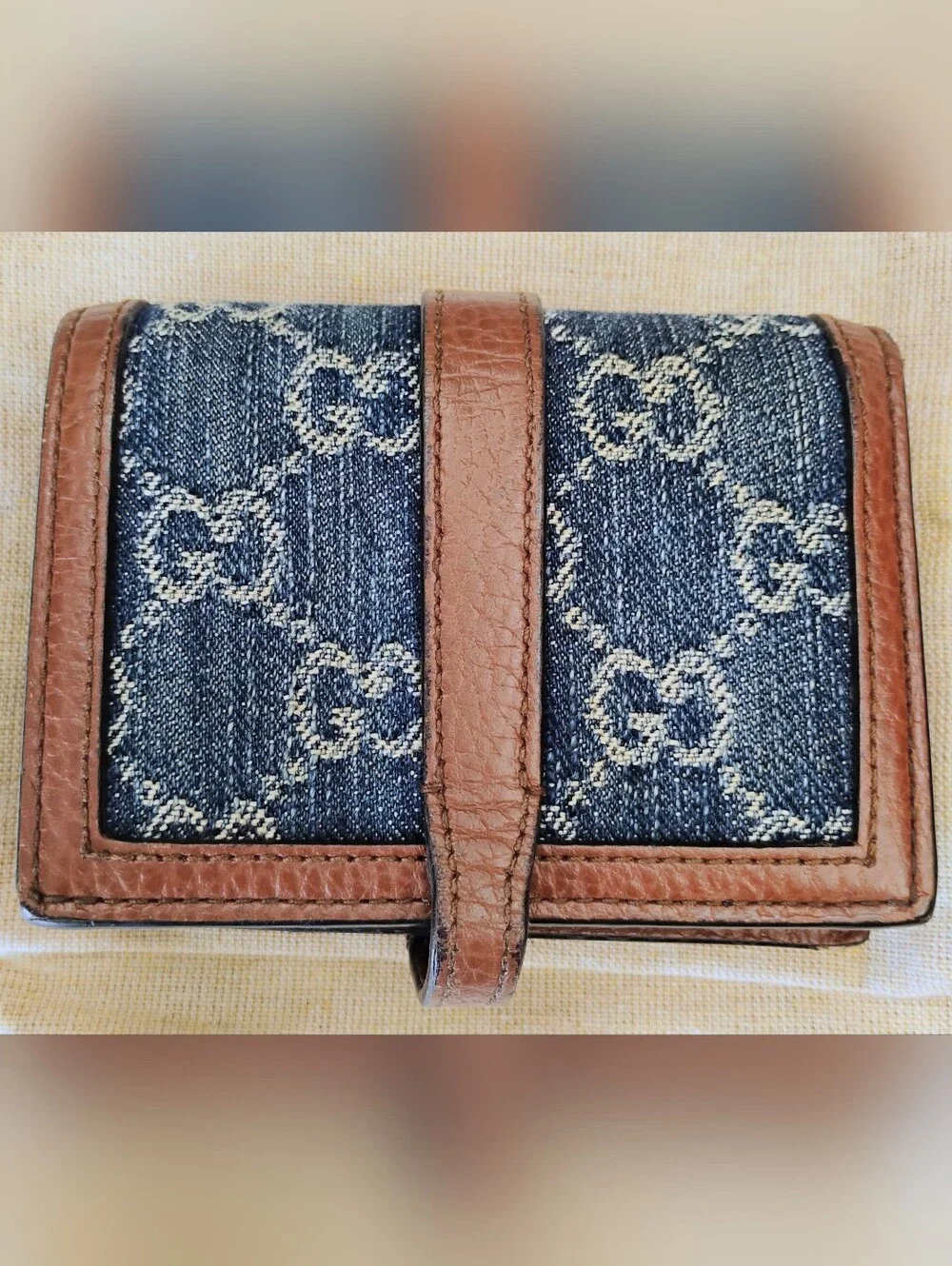 EUC Gucci Denim Monogram Wallet with Brown Leather Trim GHW - Picture 2 of 14